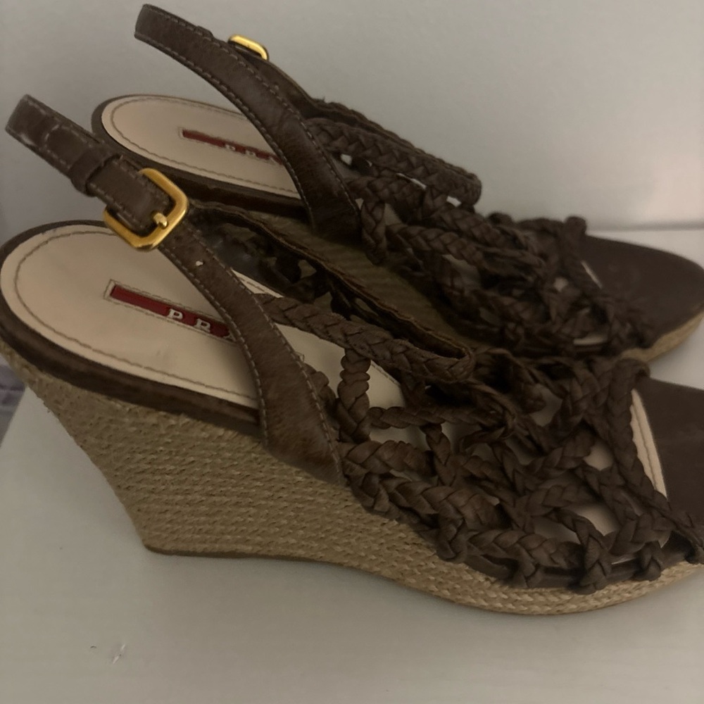 Prada Women's Brown Woven Wedges - Picture 9 of 12